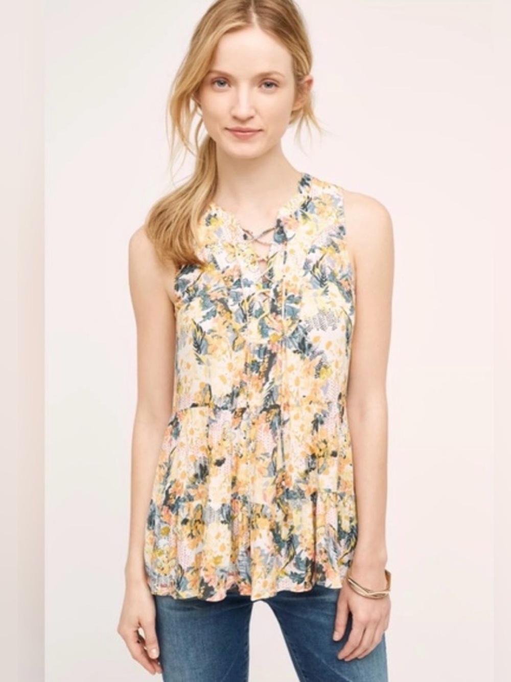Anthropologie Floreat Floral Lace-Up Sleeveless Tank in Yellow &‎ Pink